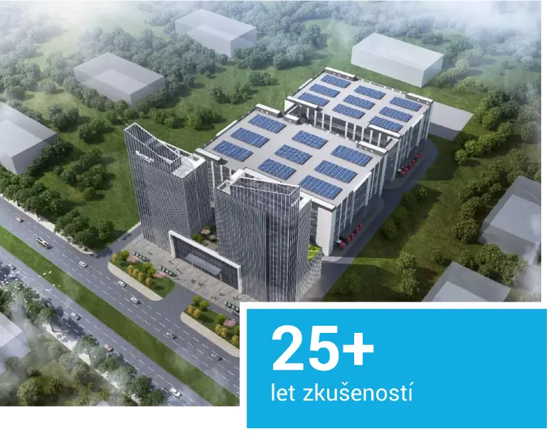 Vizualizace rozsáhlého areálu Sprsun se dvěma výškovými budovami a rozlehlou halou se solárními panely na střeše. V dolní části obrázku je reklamní sdělení o více než 25 letech zkušeností.
